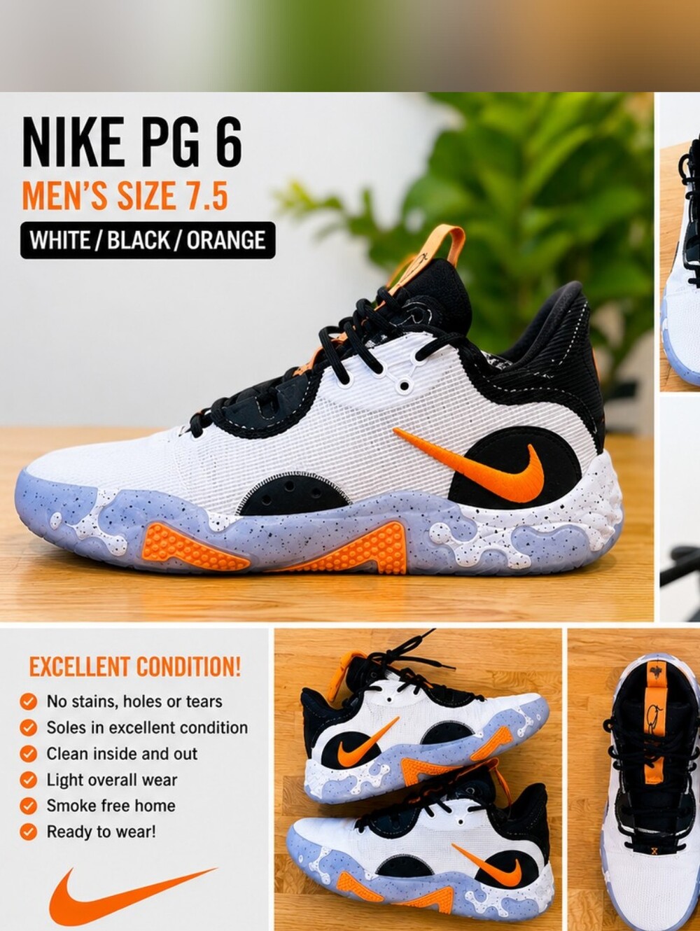 Nike PG 6 Basketball Shoes White Black Orange Men's Size 7.5 Paul George Sneaker